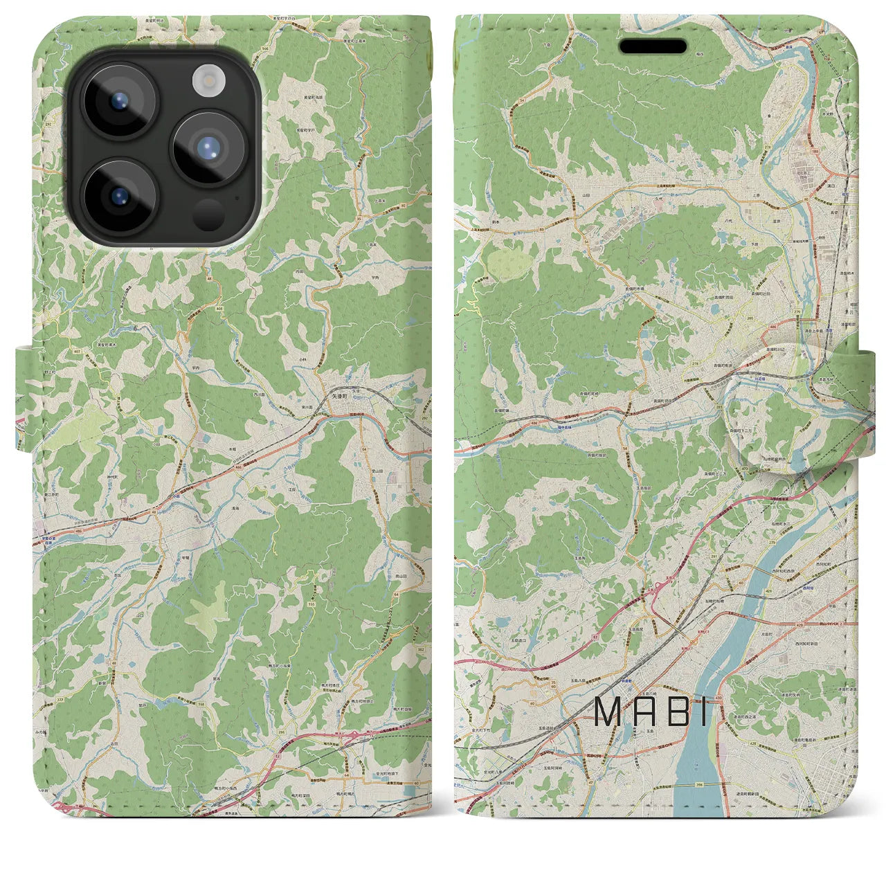 【真備(岡山県)】地図柄iPhoneケース(手帳タイプ)ナチュラル・iPhone 15 Pro Max 用