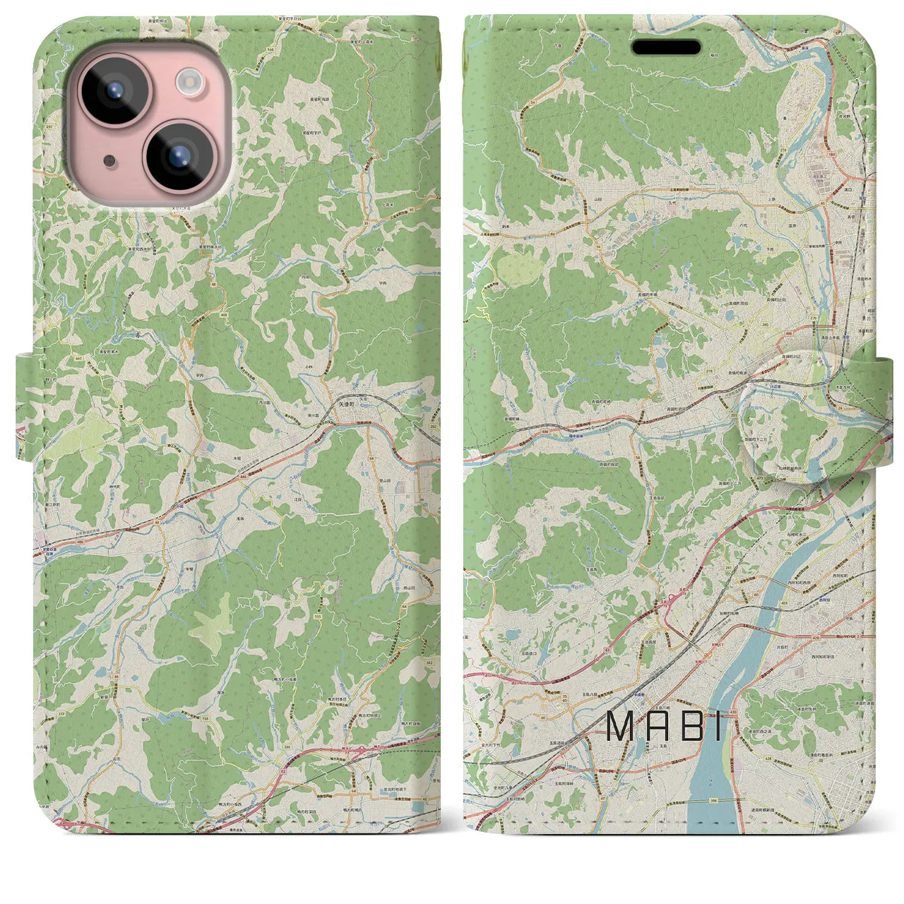 【真備(岡山県)】地図柄iPhoneケース(手帳タイプ)ナチュラル・iPhone 15 Plus 用