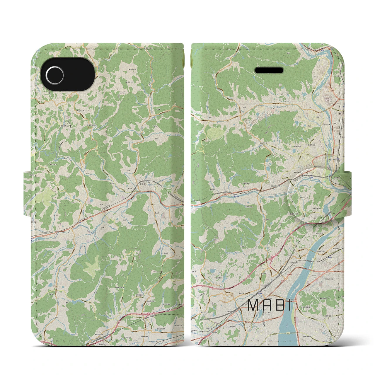 【真備(岡山県)】地図柄iPhoneケース(手帳タイプ)ナチュラル・iPhone SE(第3 / 第2世代) / 8 / 7 / 6s / 6 用