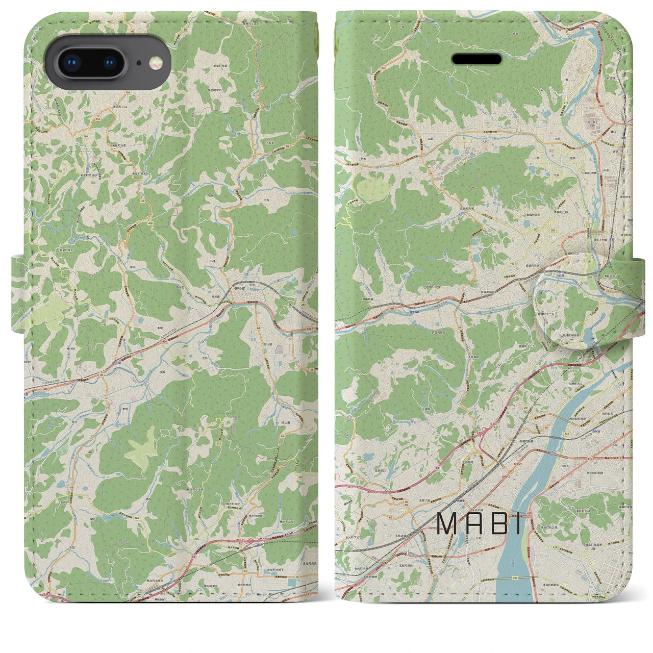 【真備(岡山県)】地図柄iPhoneケース(手帳タイプ)ナチュラル・iPhone 8Plus /7Plus / 6sPlus / 6Plus 用