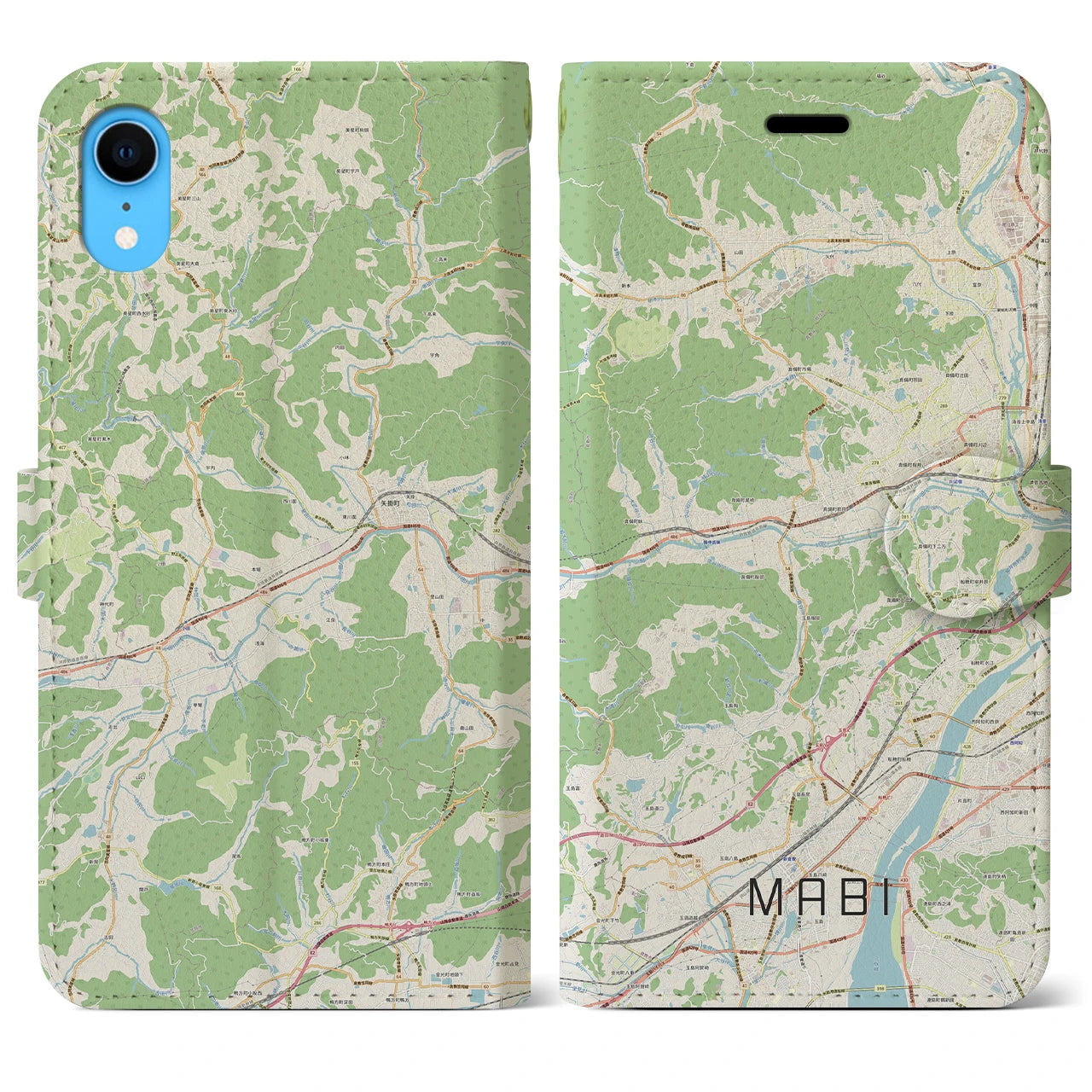 【真備(岡山県)】地図柄iPhoneケース(手帳タイプ)ナチュラル・iPhone XR 用
