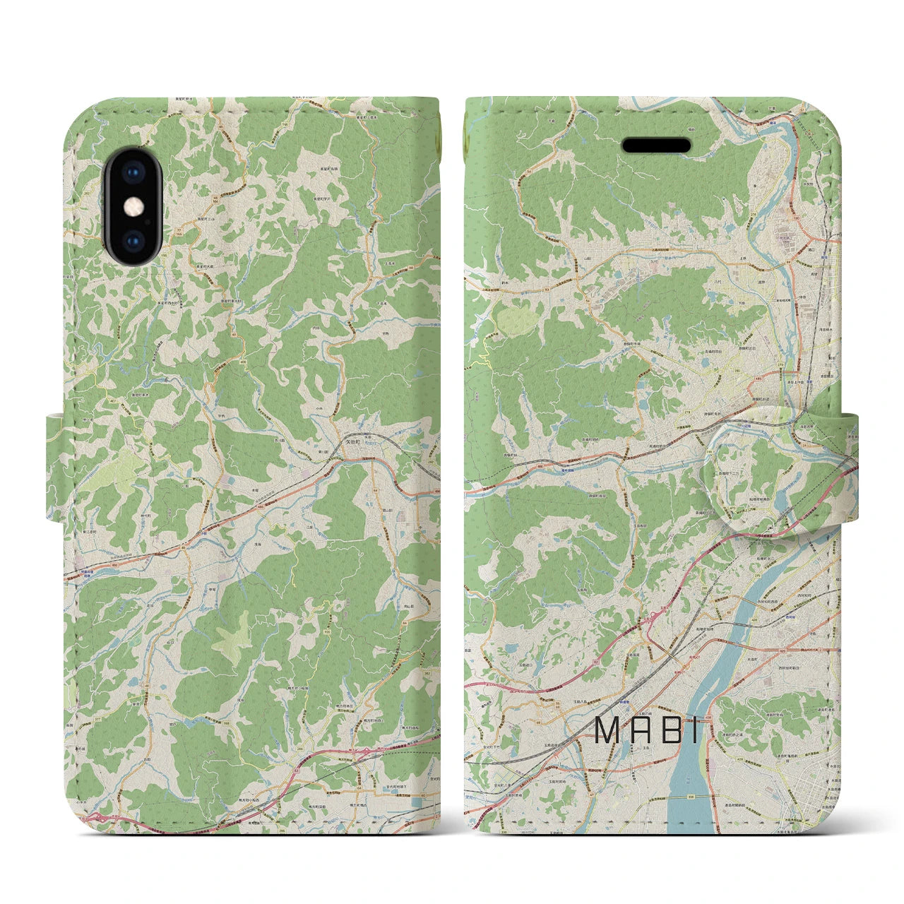【真備(岡山県)】地図柄iPhoneケース(手帳タイプ)ナチュラル・iPhone XS / X 用