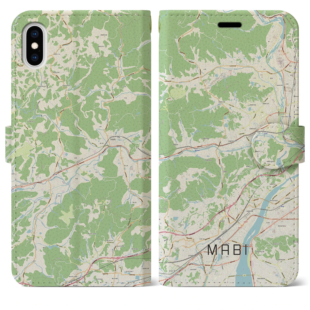 【真備(岡山県)】地図柄iPhoneケース(手帳タイプ)ナチュラル・iPhone XS Max 用