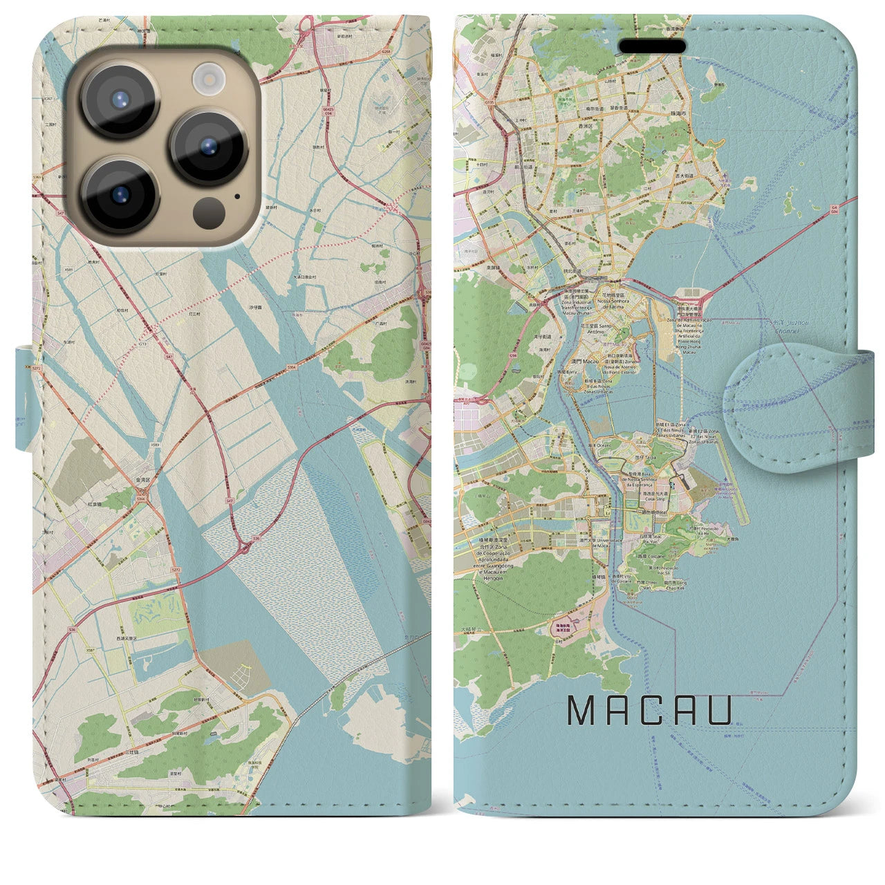 【マカオ(中華人民共和国)】地図柄iPhoneケース(手帳タイプ)ナチュラル・iPhone 14 Pro Max 用