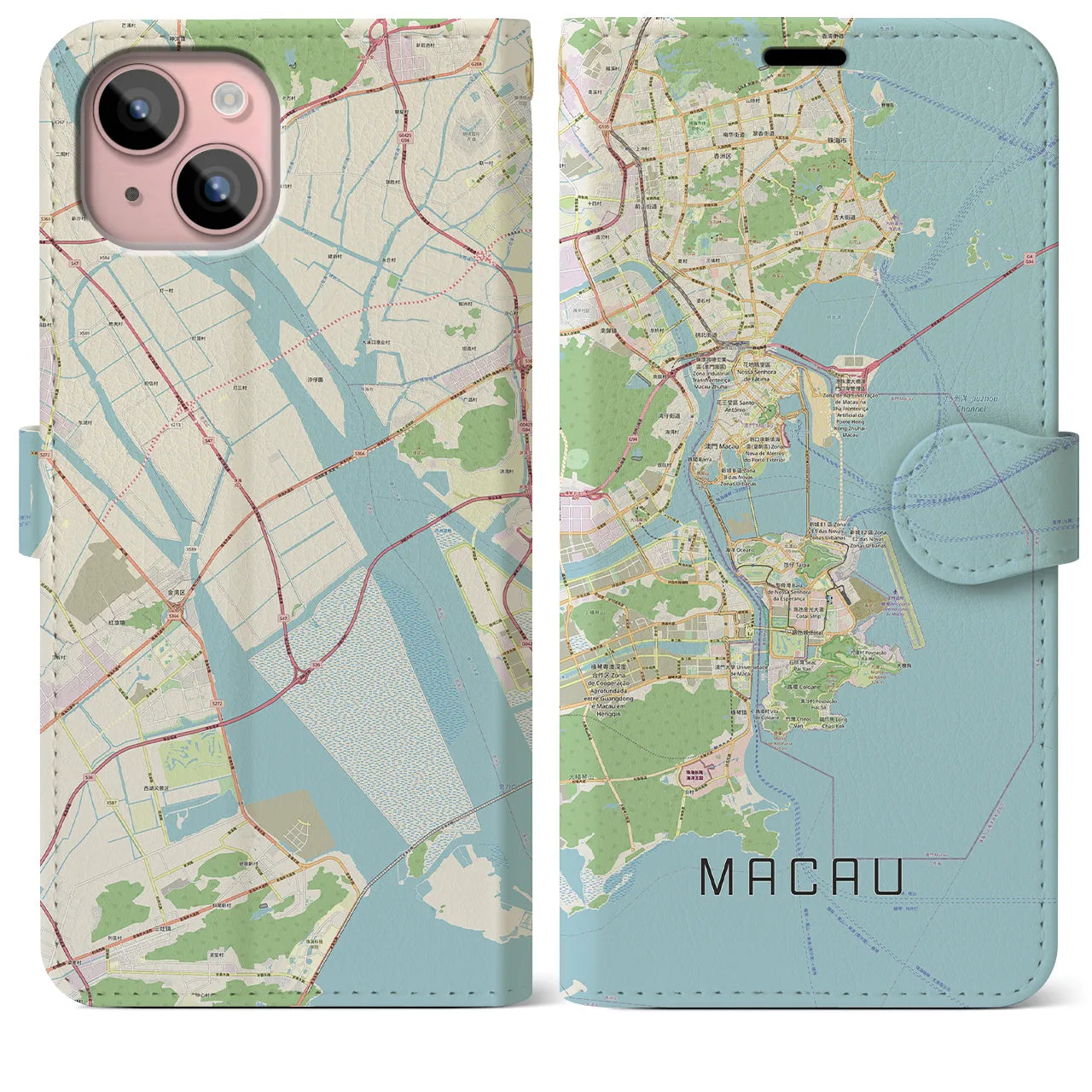 【マカオ(中華人民共和国)】地図柄iPhoneケース(手帳タイプ)ナチュラル・iPhone 15 Plus 用