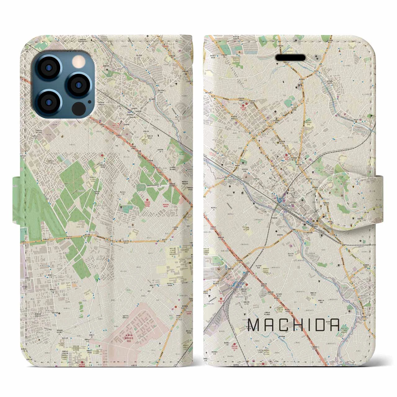 【町田(東京都)】地図柄iPhoneケース(手帳タイプ)ナチュラル・iPhone 12 / 12 Pro 用