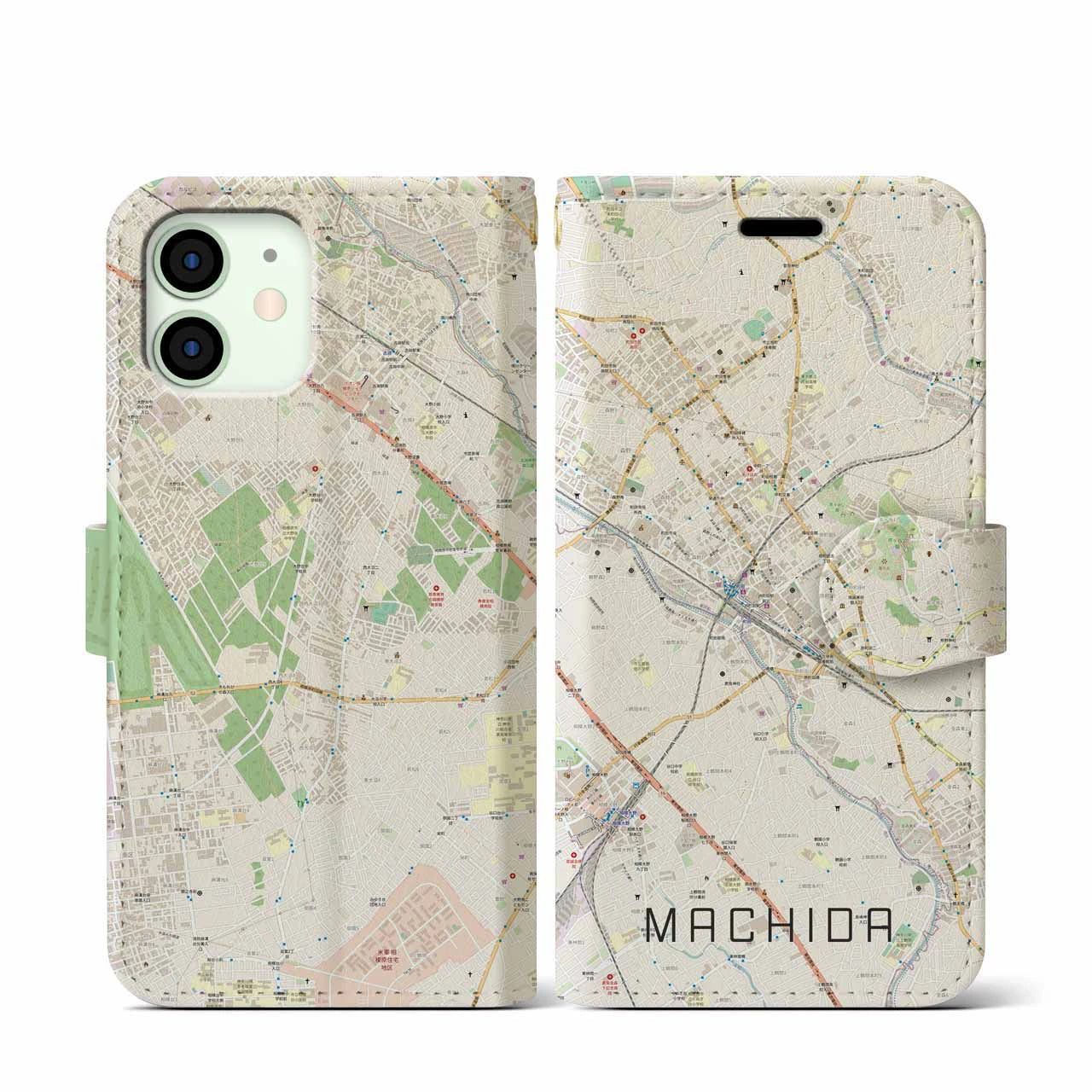 【町田(東京都)】地図柄iPhoneケース(手帳タイプ)ナチュラル・iPhone 12 mini 用