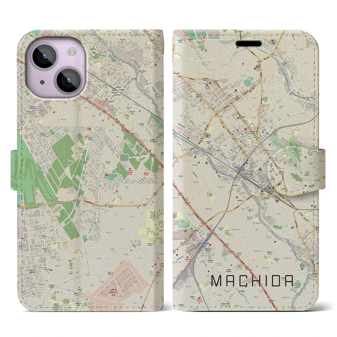 【町田(東京都)】地図柄iPhoneケース(手帳タイプ)ナチュラル・iPhone 14 用