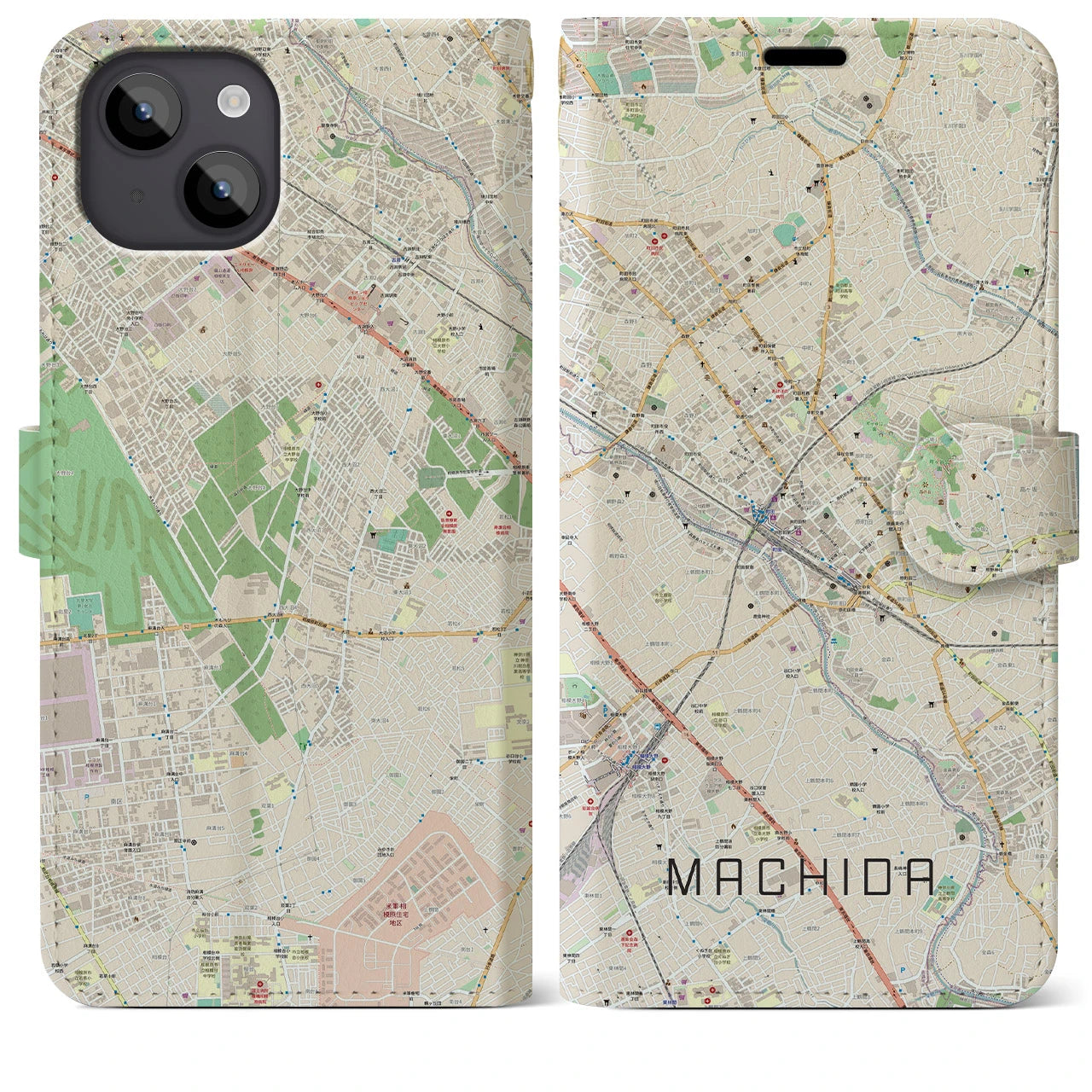 【町田(東京都)】地図柄iPhoneケース(手帳タイプ)ナチュラル・iPhone 14 Plus 用