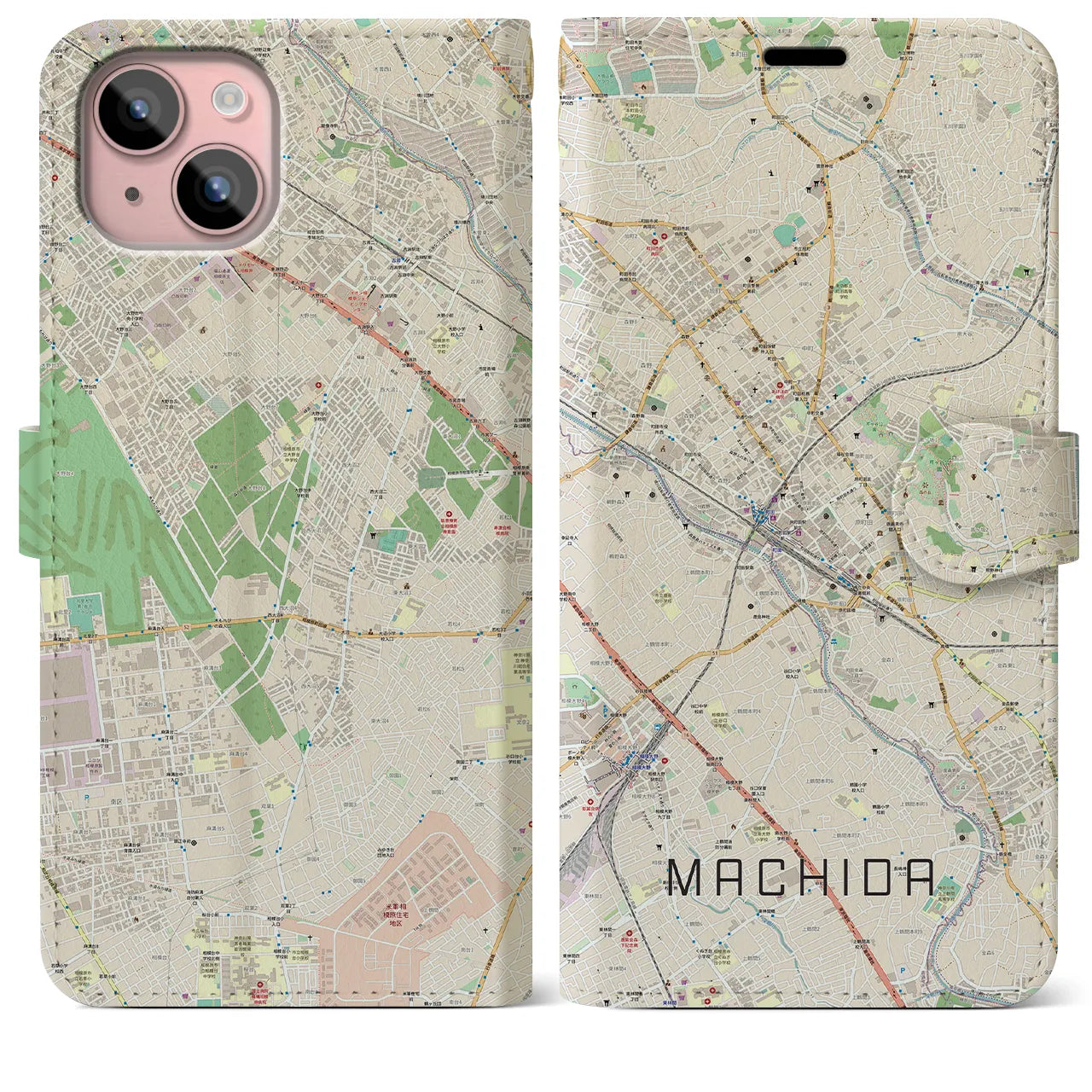 【町田(東京都)】地図柄iPhoneケース(手帳タイプ)ナチュラル・iPhone 15 Plus 用