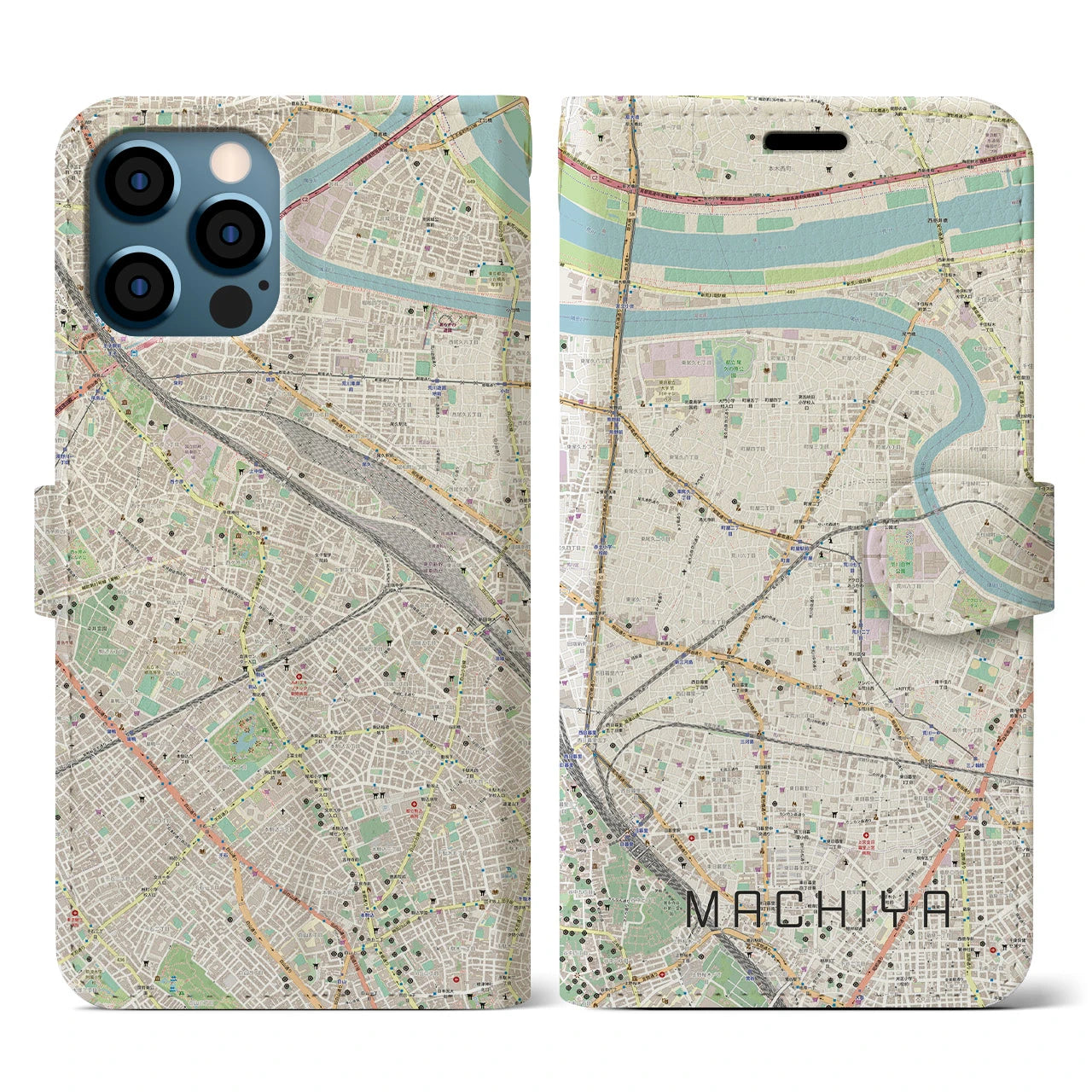 【町屋(東京都)】地図柄iPhoneケース(手帳タイプ)ナチュラル・iPhone 12 / 12 Pro 用