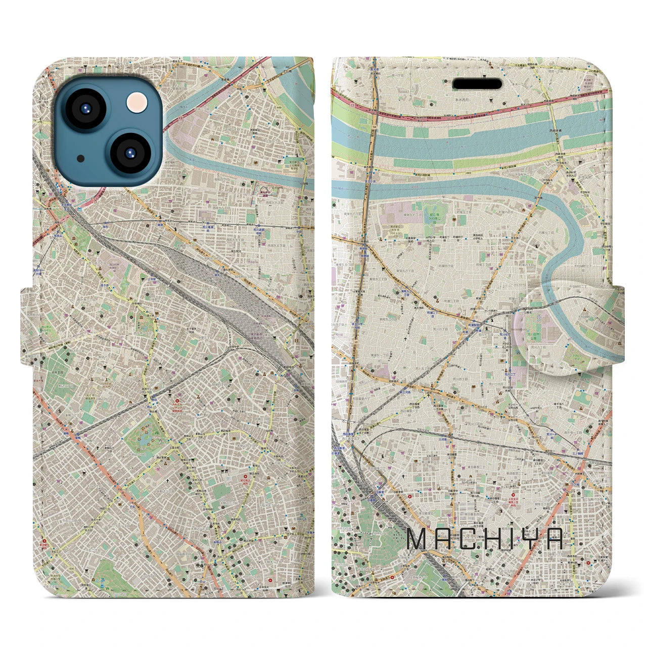 【町屋(東京都)】地図柄iPhoneケース(手帳タイプ)ナチュラル・iPhone 13 用