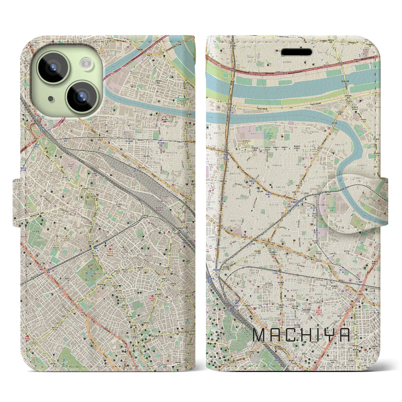 【町屋(東京都)】地図柄iPhoneケース(手帳タイプ)ナチュラル・iPhone 15 用