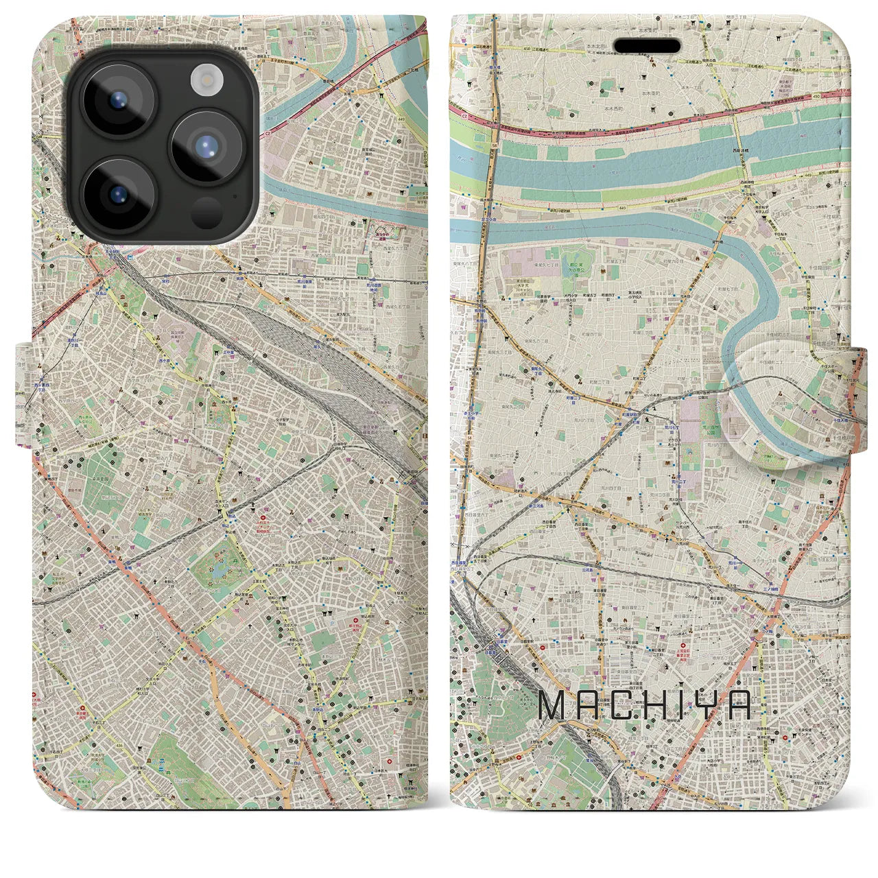 【町屋(東京都)】地図柄iPhoneケース(手帳タイプ)ナチュラル・iPhone 15 Pro Max 用