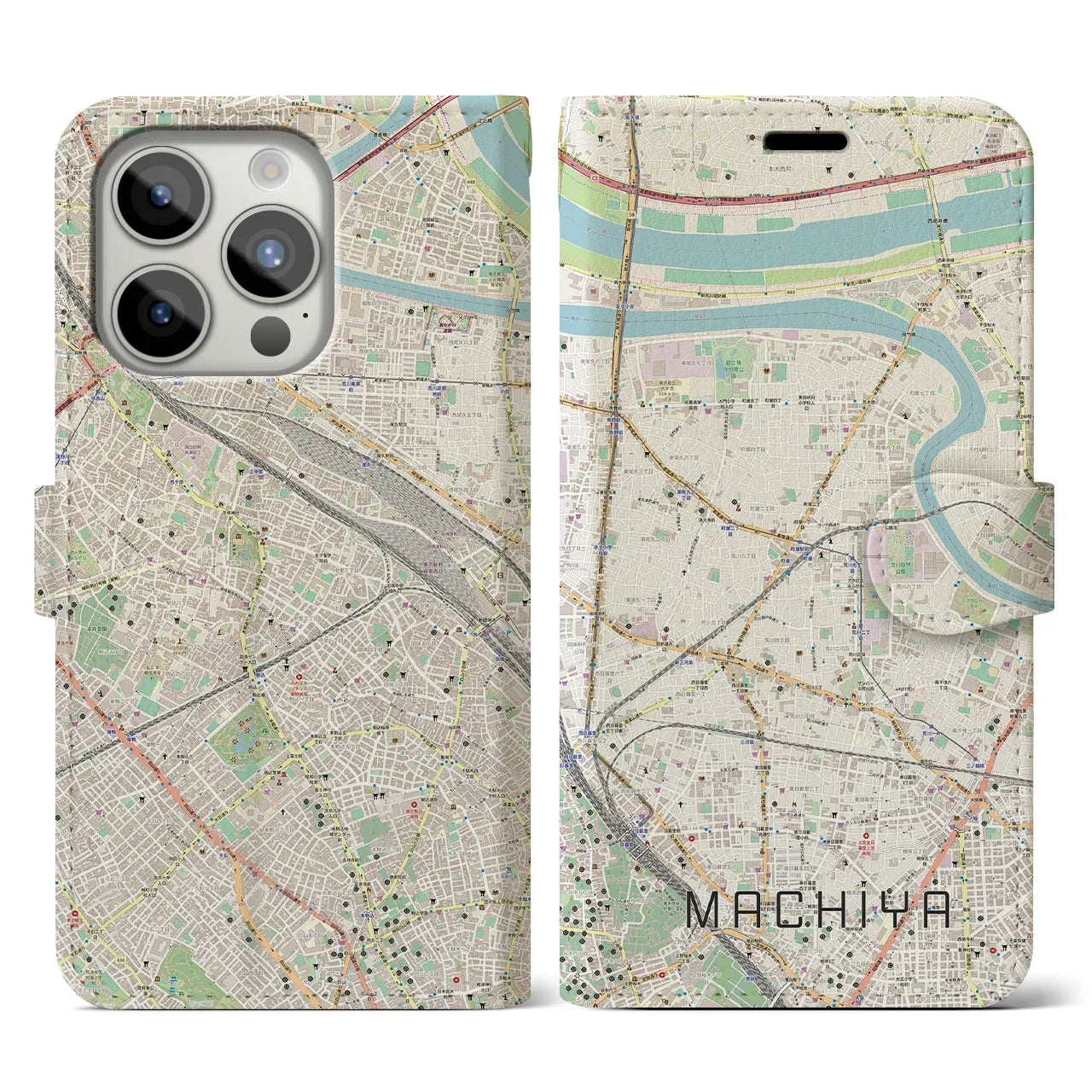 【町屋(東京都)】地図柄iPhoneケース(手帳タイプ)ナチュラル・iPhone 15 Pro 用