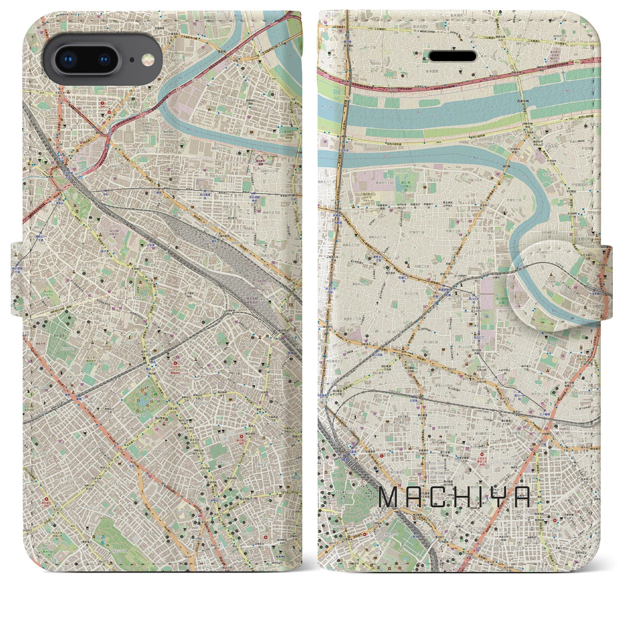 【町屋(東京都)】地図柄iPhoneケース(手帳タイプ)ナチュラル・iPhone 8Plus /7Plus / 6sPlus / 6Plus 用