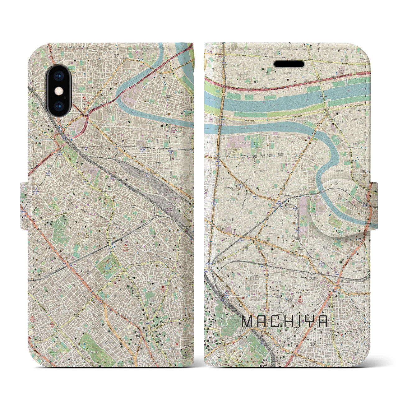 【町屋(東京都)】地図柄iPhoneケース(手帳タイプ)ナチュラル・iPhone XS / X 用