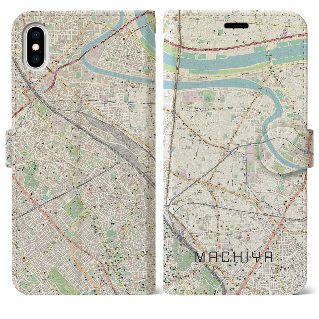 【町屋(東京都)】地図柄iPhoneケース(手帳タイプ)ナチュラル・iPhone XS Max 用