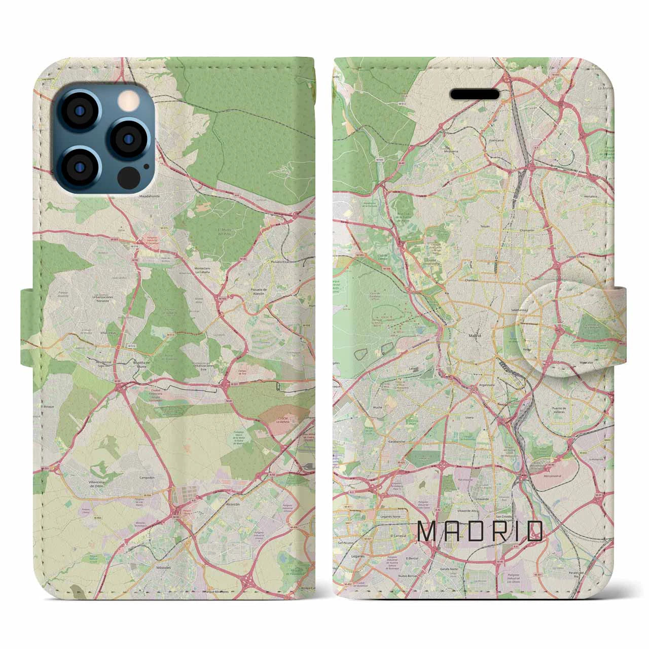 【マドリード(スペイン)】地図柄iPhoneケース(手帳タイプ)ナチュラル・iPhone 12 / 12 Pro 用