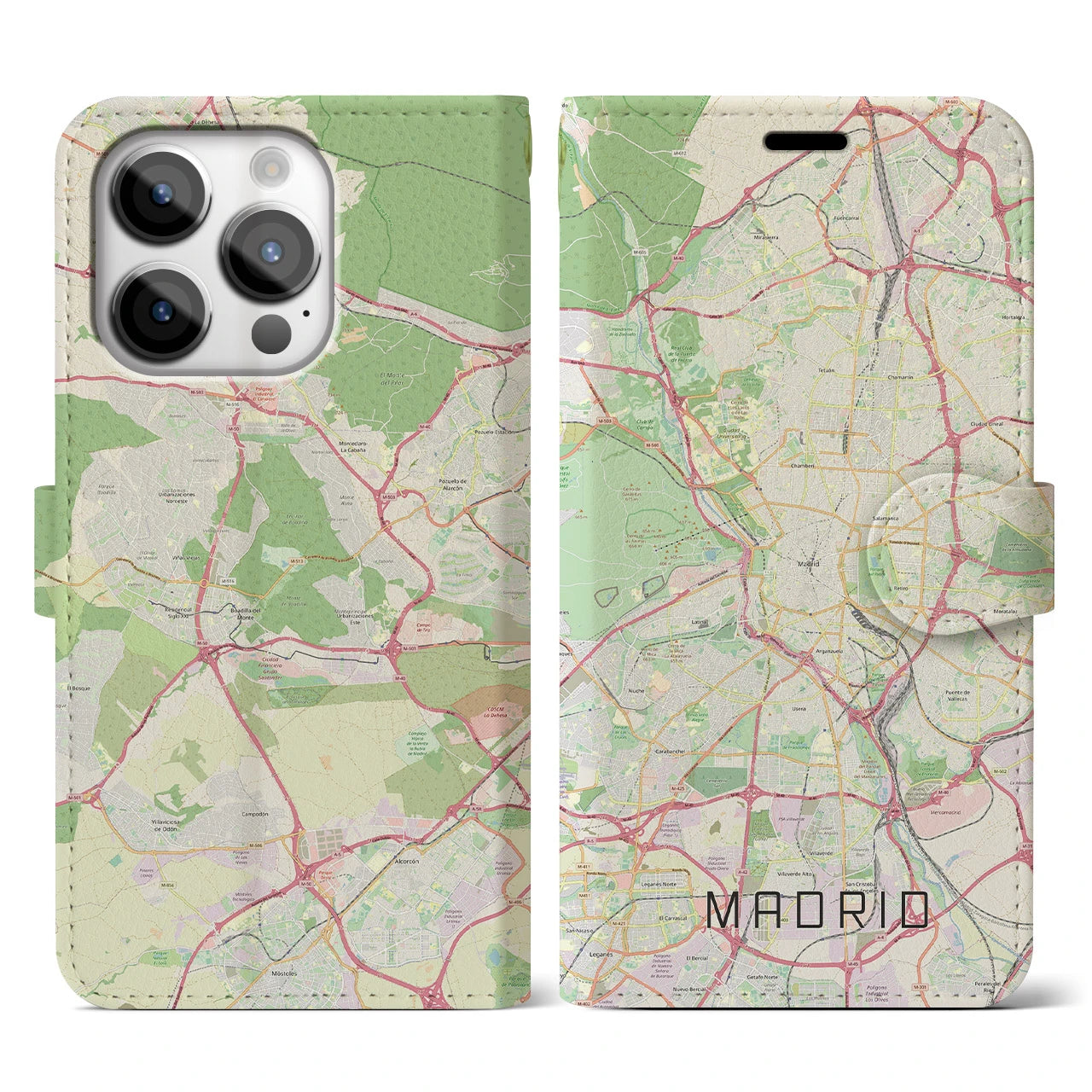 【マドリード(スペイン)】地図柄iPhoneケース(手帳タイプ)ナチュラル・iPhone 14 Pro 用