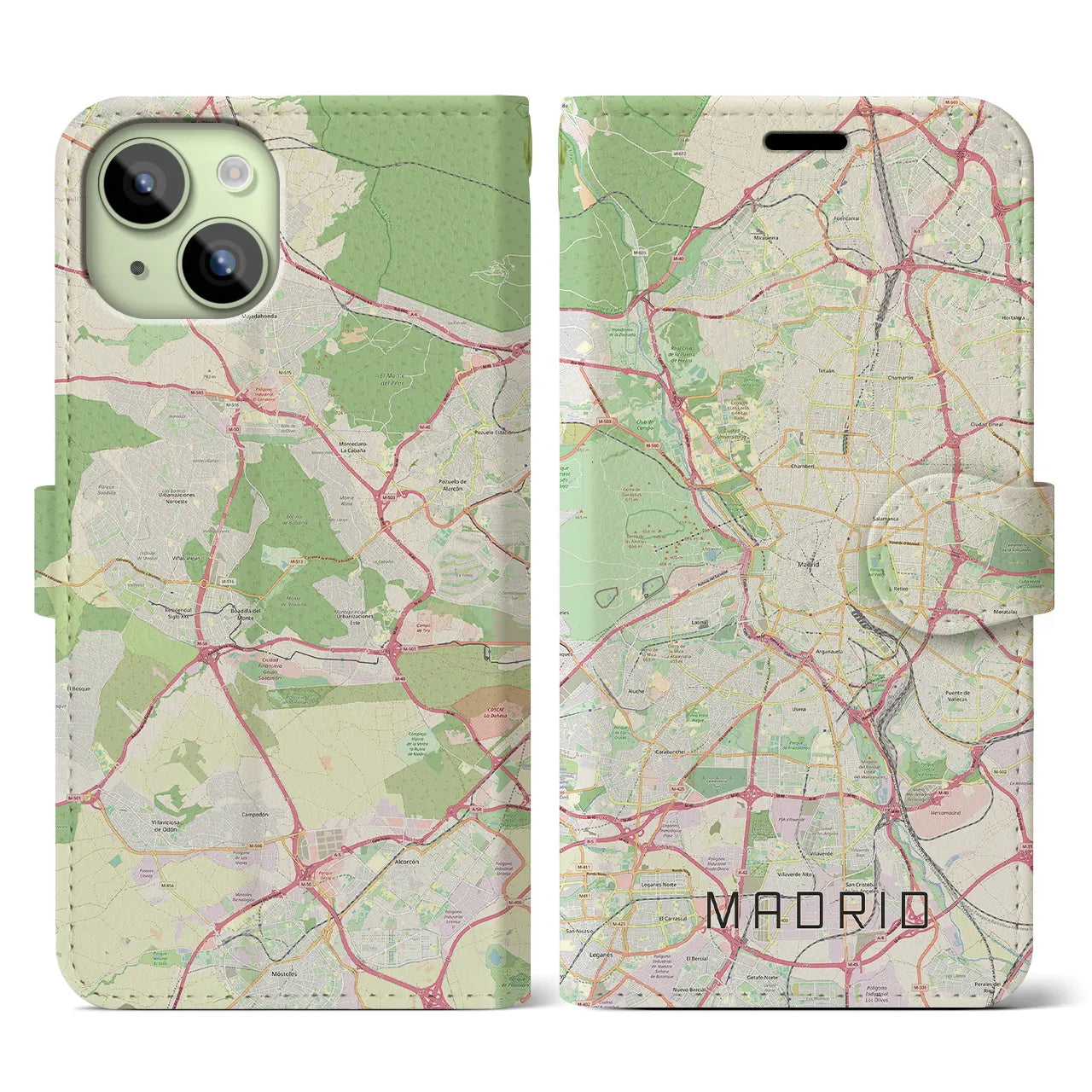 【マドリード(スペイン)】地図柄iPhoneケース(手帳タイプ)ナチュラル・iPhone 15 用