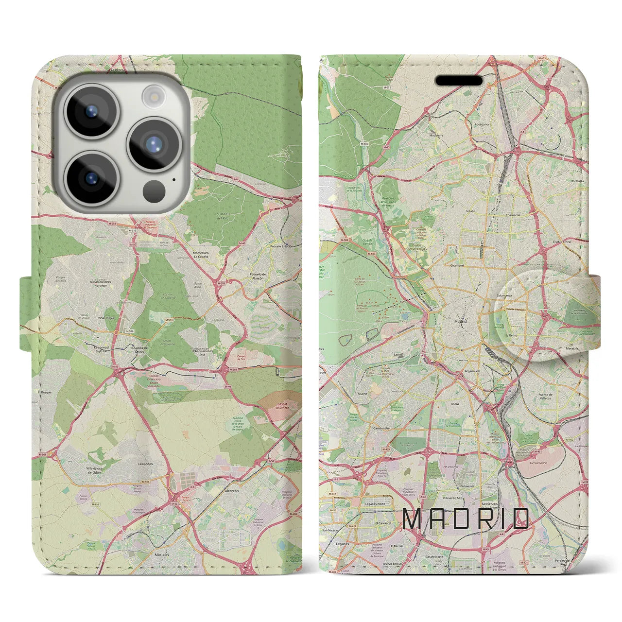 【マドリード(スペイン)】地図柄iPhoneケース(手帳タイプ)ナチュラル・iPhone 15 Pro 用