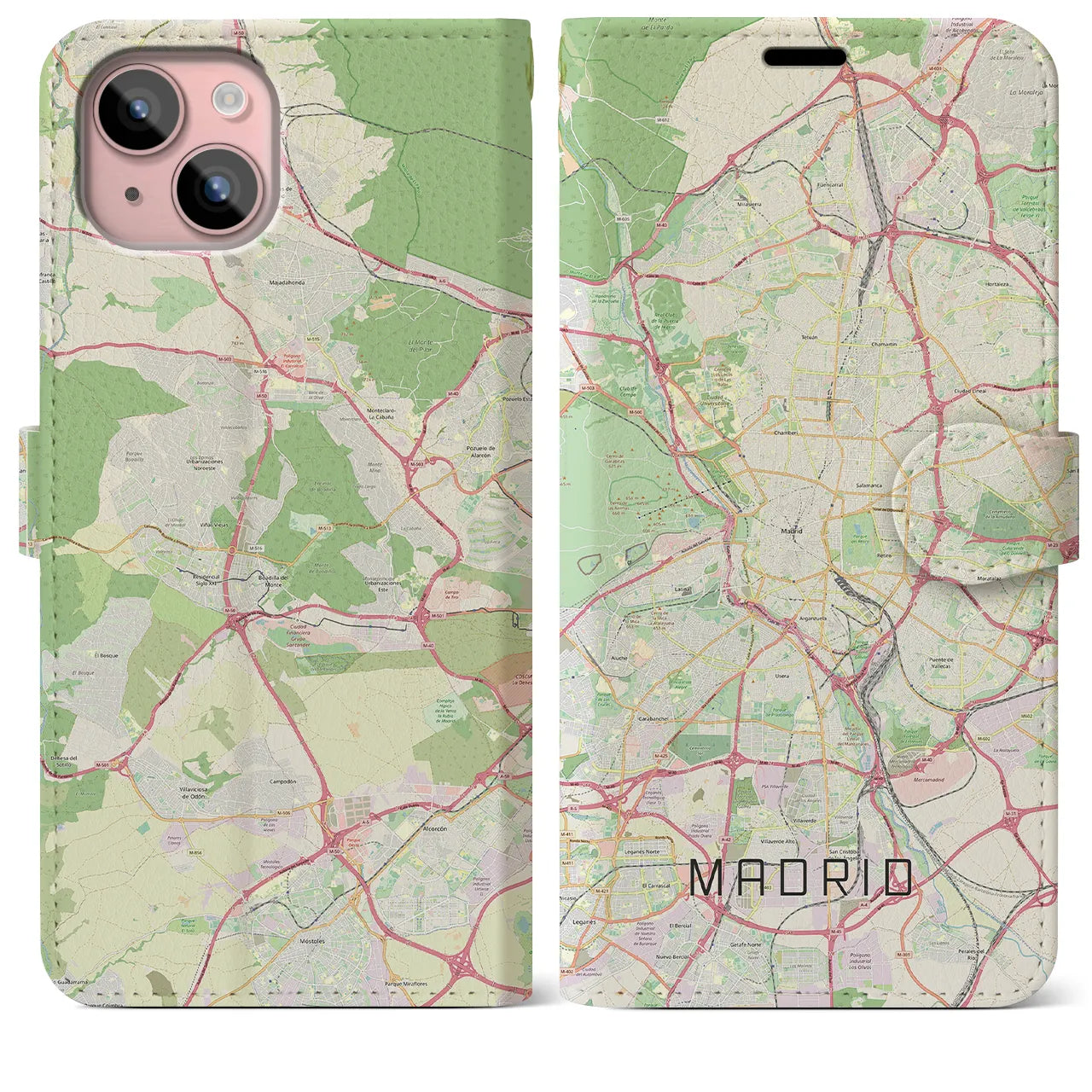 【マドリード(スペイン)】地図柄iPhoneケース(手帳タイプ)ナチュラル・iPhone 15 Plus 用