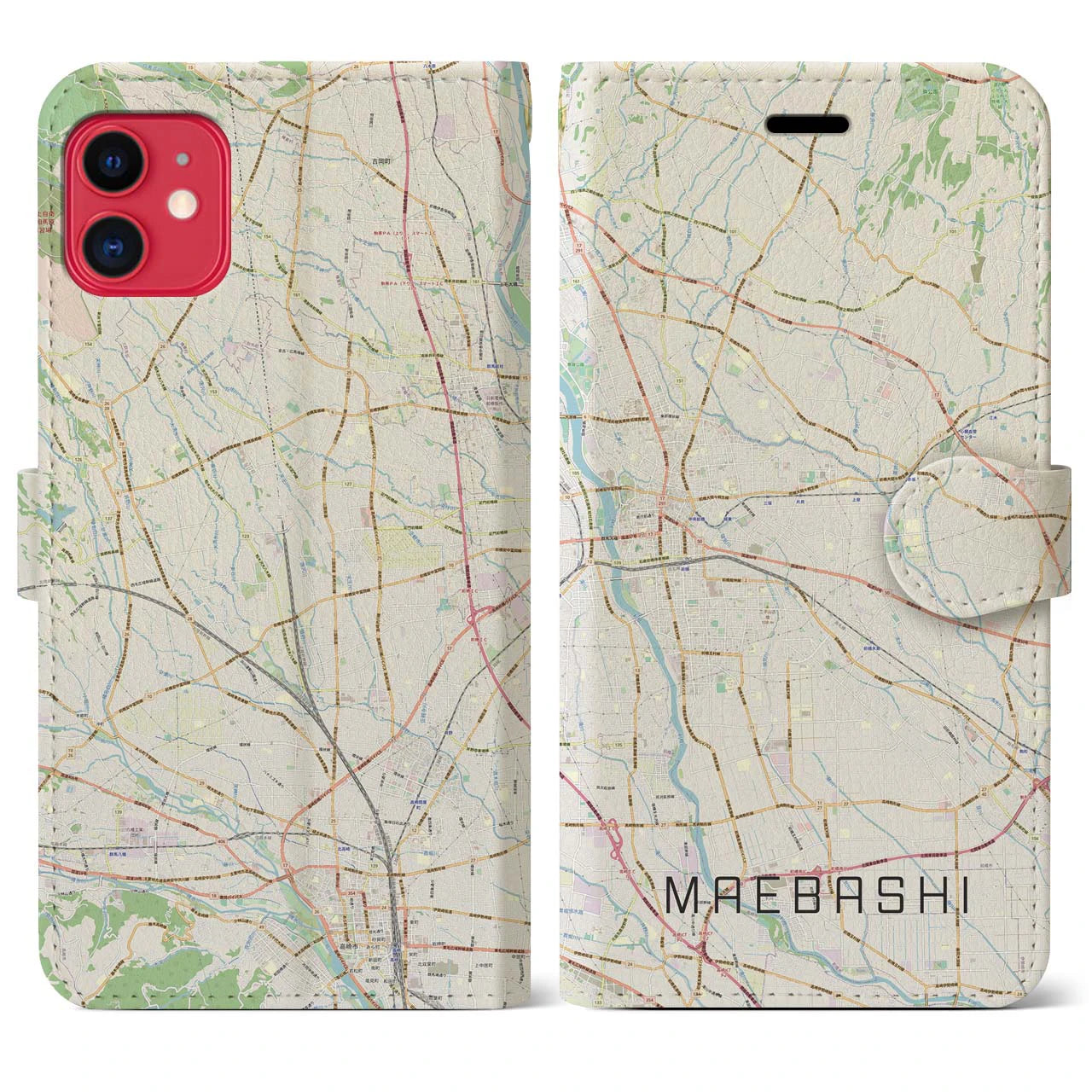 【前橋(群馬県)】地図柄iPhoneケース(手帳タイプ)ナチュラル・iPhone 11 用