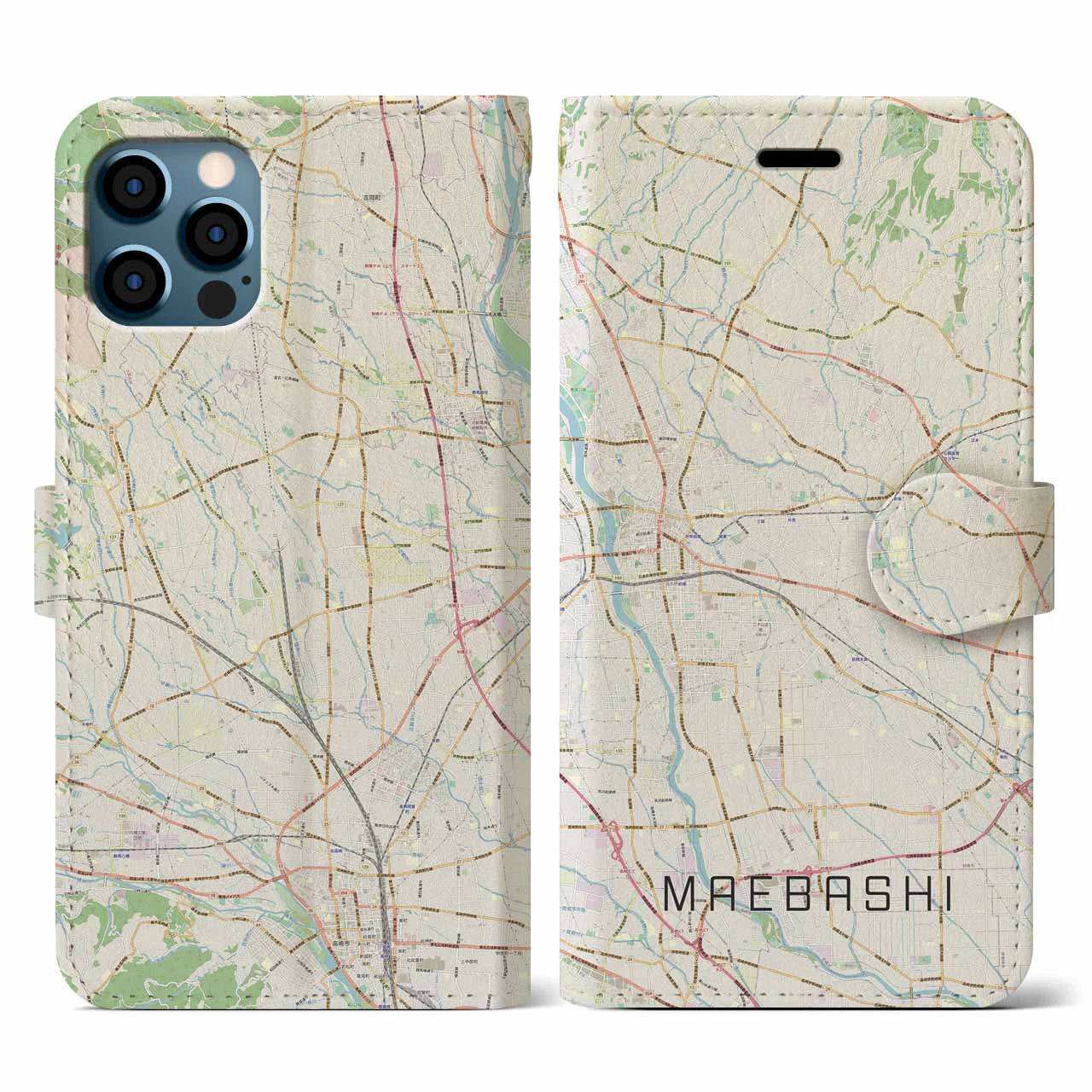 【前橋(群馬県)】地図柄iPhoneケース(手帳タイプ)ナチュラル・iPhone 12 / 12 Pro 用