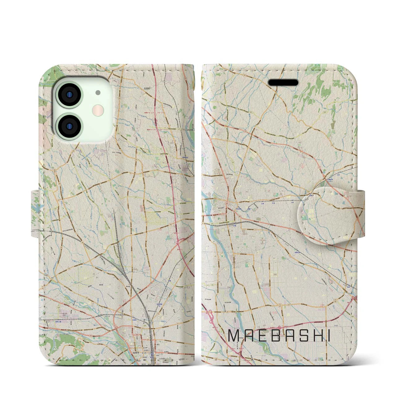 【前橋(群馬県)】地図柄iPhoneケース(手帳タイプ)ナチュラル・iPhone 12 mini 用