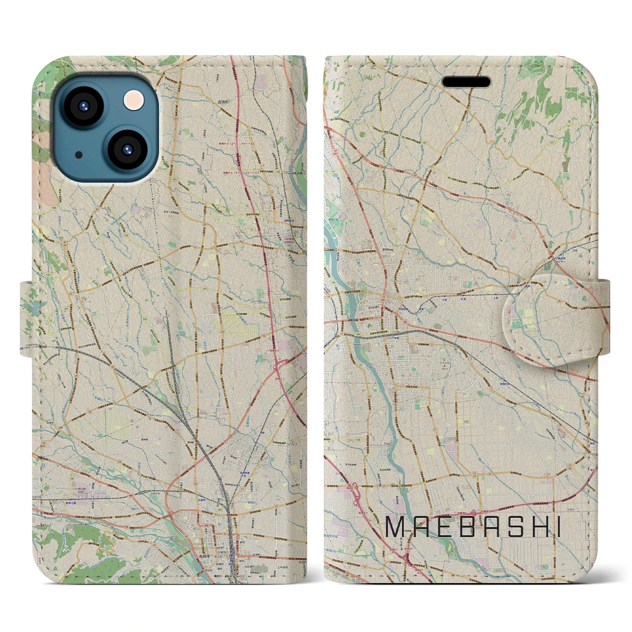 【前橋(群馬県)】地図柄iPhoneケース(手帳タイプ)ナチュラル・iPhone 13 用