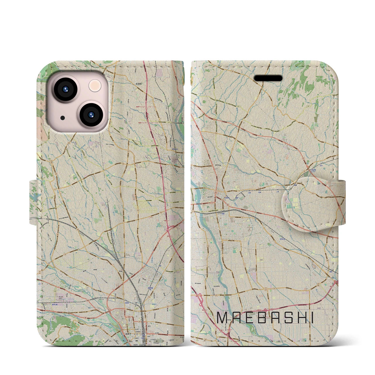 【前橋(群馬県)】地図柄iPhoneケース(手帳タイプ)ナチュラル・iPhone 13 mini 用