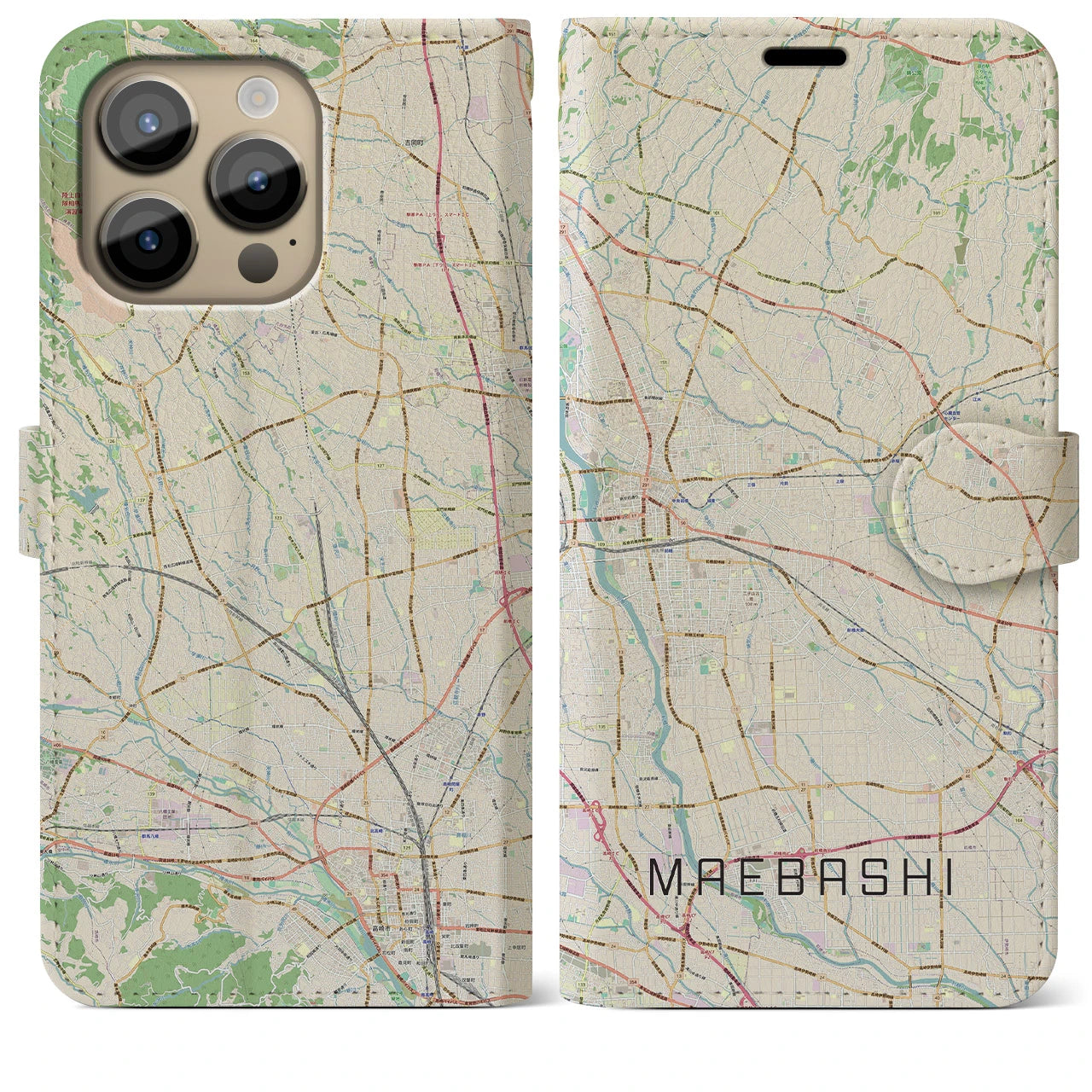 【前橋(群馬県)】地図柄iPhoneケース(手帳タイプ)ナチュラル・iPhone 14 Pro Max 用