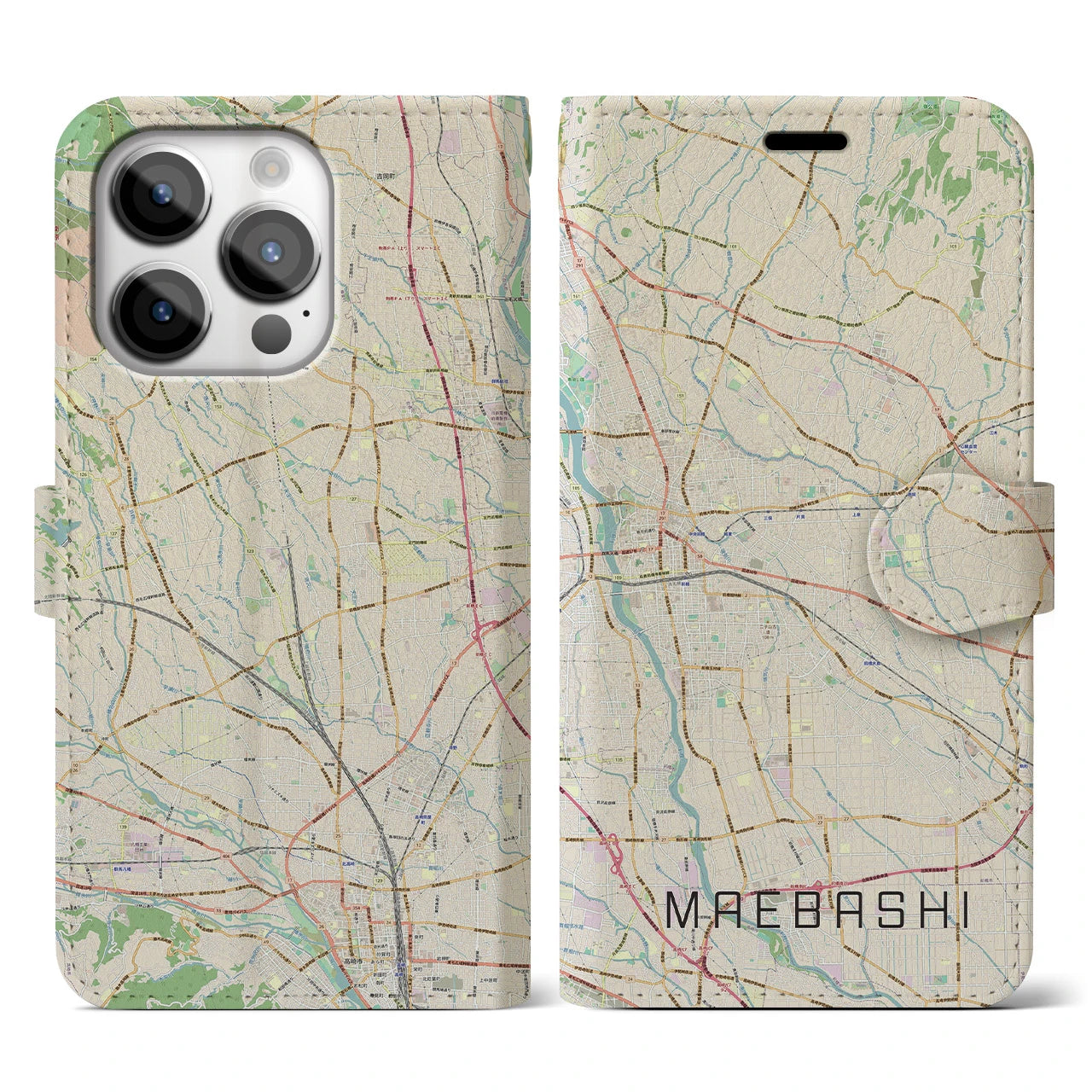 【前橋(群馬県)】地図柄iPhoneケース(手帳タイプ)ナチュラル・iPhone 14 Pro 用