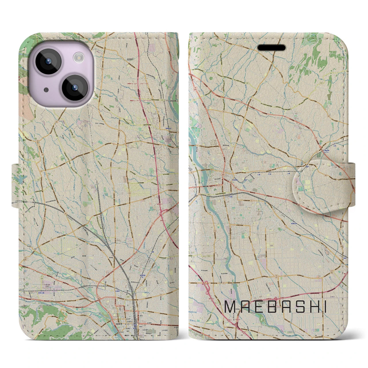 【前橋(群馬県)】地図柄iPhoneケース(手帳タイプ)ナチュラル・iPhone 14 用