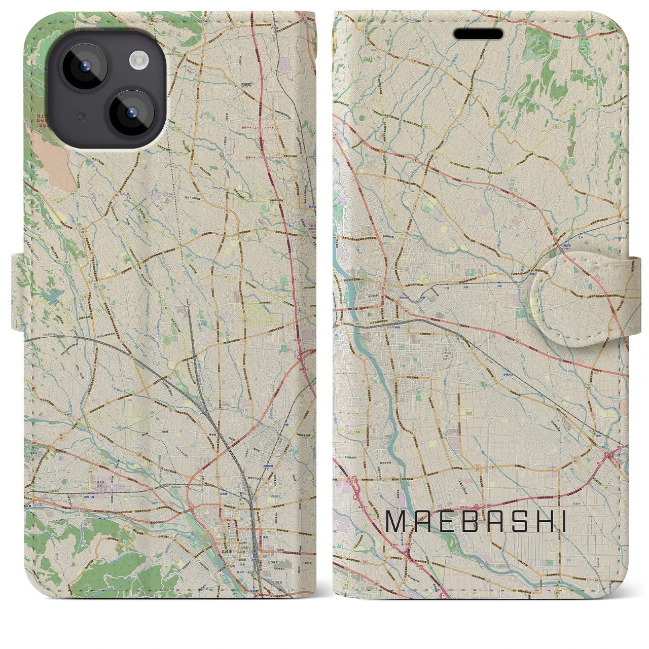 【前橋(群馬県)】地図柄iPhoneケース(手帳タイプ)ナチュラル・iPhone 14 Plus 用