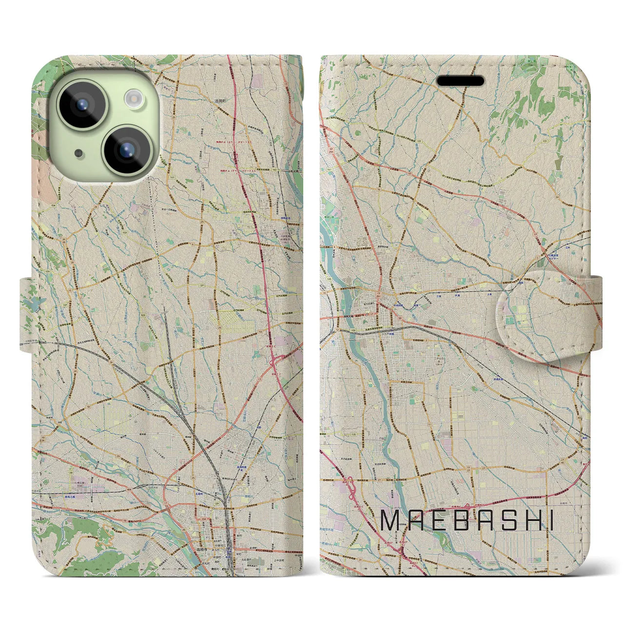 【前橋(群馬県)】地図柄iPhoneケース(手帳タイプ)ナチュラル・iPhone 15 用