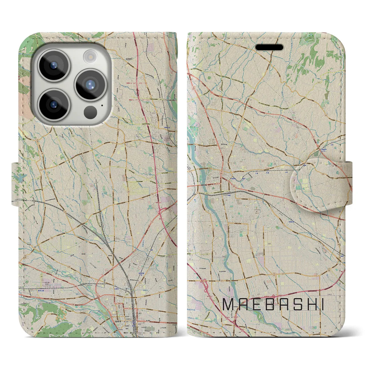 【前橋(群馬県)】地図柄iPhoneケース(手帳タイプ)ナチュラル・iPhone 15 Pro 用