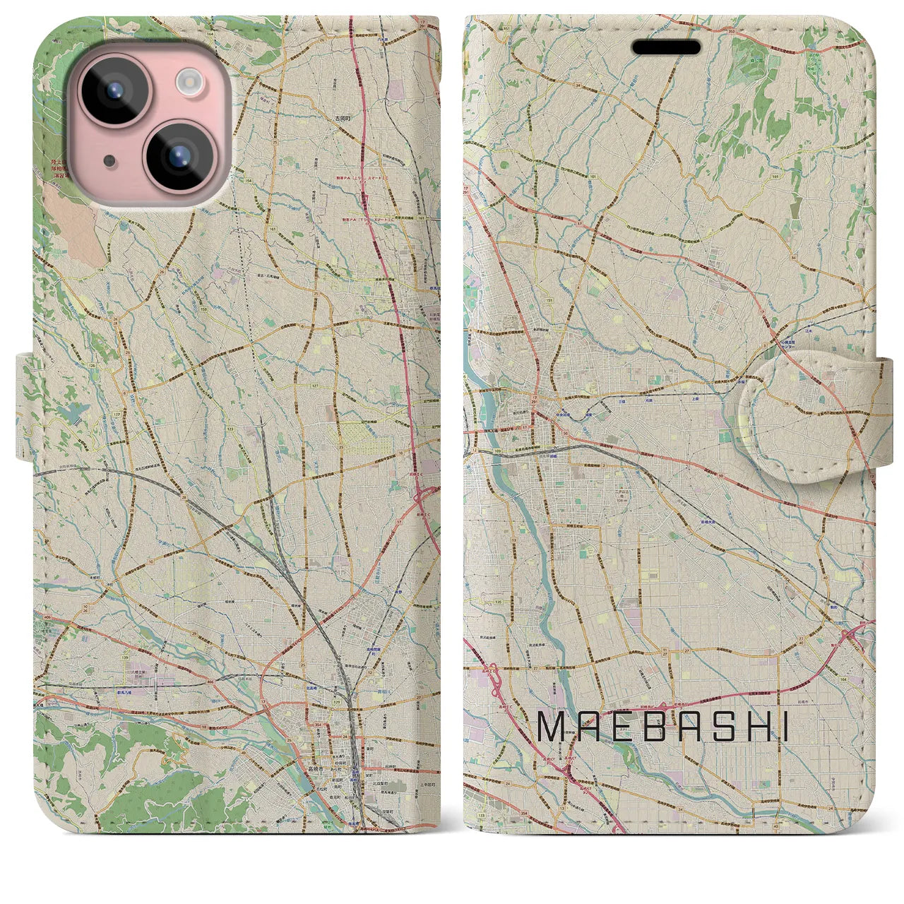 【前橋(群馬県)】地図柄iPhoneケース(手帳タイプ)ナチュラル・iPhone 15 Plus 用