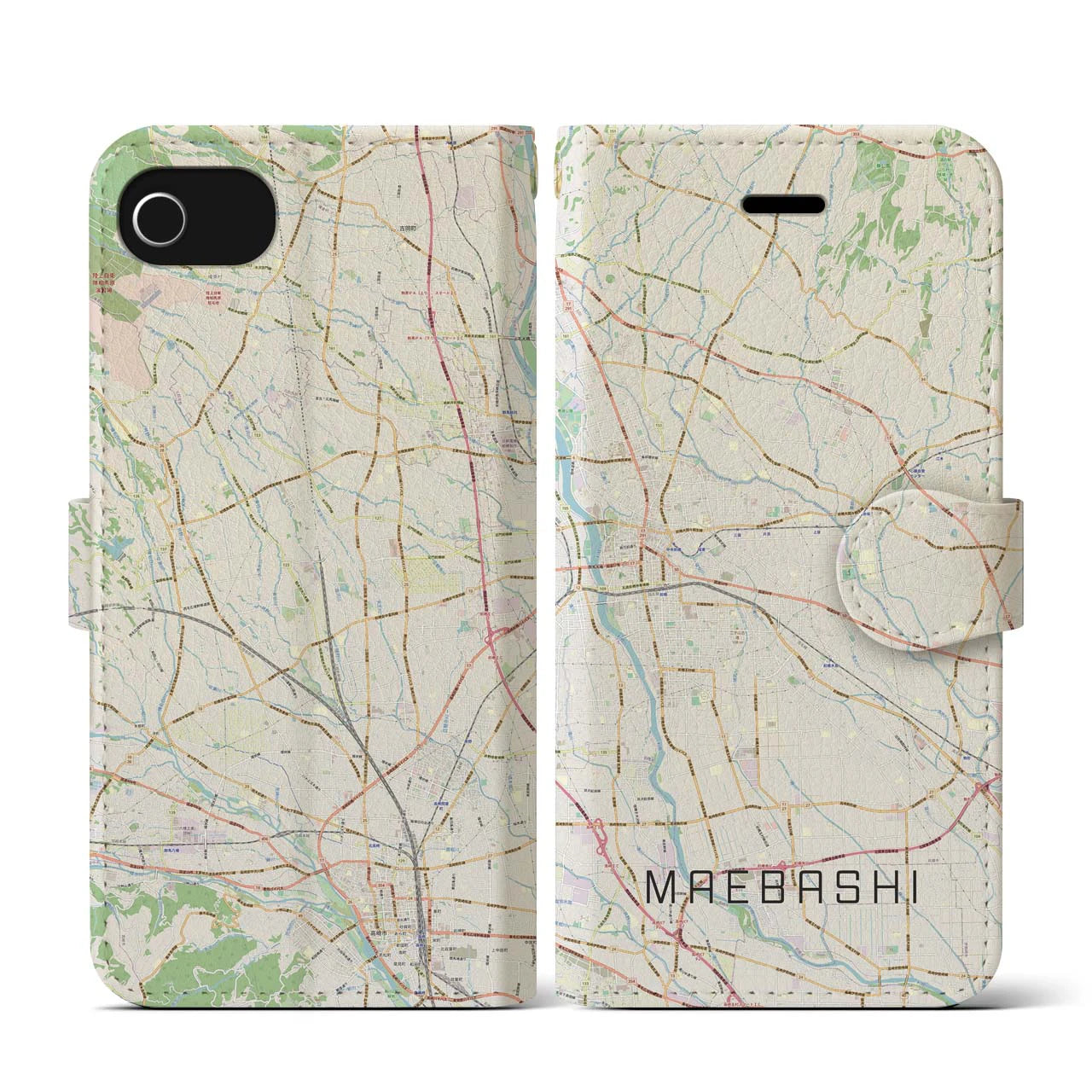 【前橋(群馬県)】地図柄iPhoneケース(手帳タイプ)ナチュラル・iPhone SE(第3 / 第2世代) / 8 / 7 / 6s / 6 用