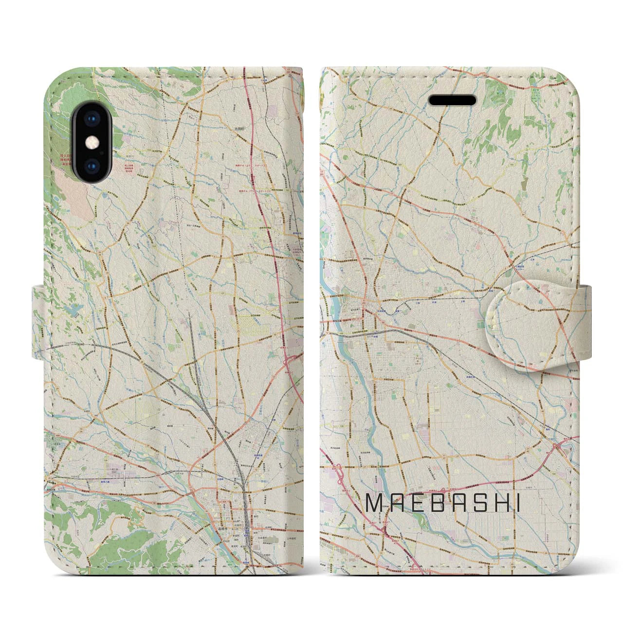【前橋(群馬県)】地図柄iPhoneケース(手帳タイプ)ナチュラル・iPhone XS / X 用
