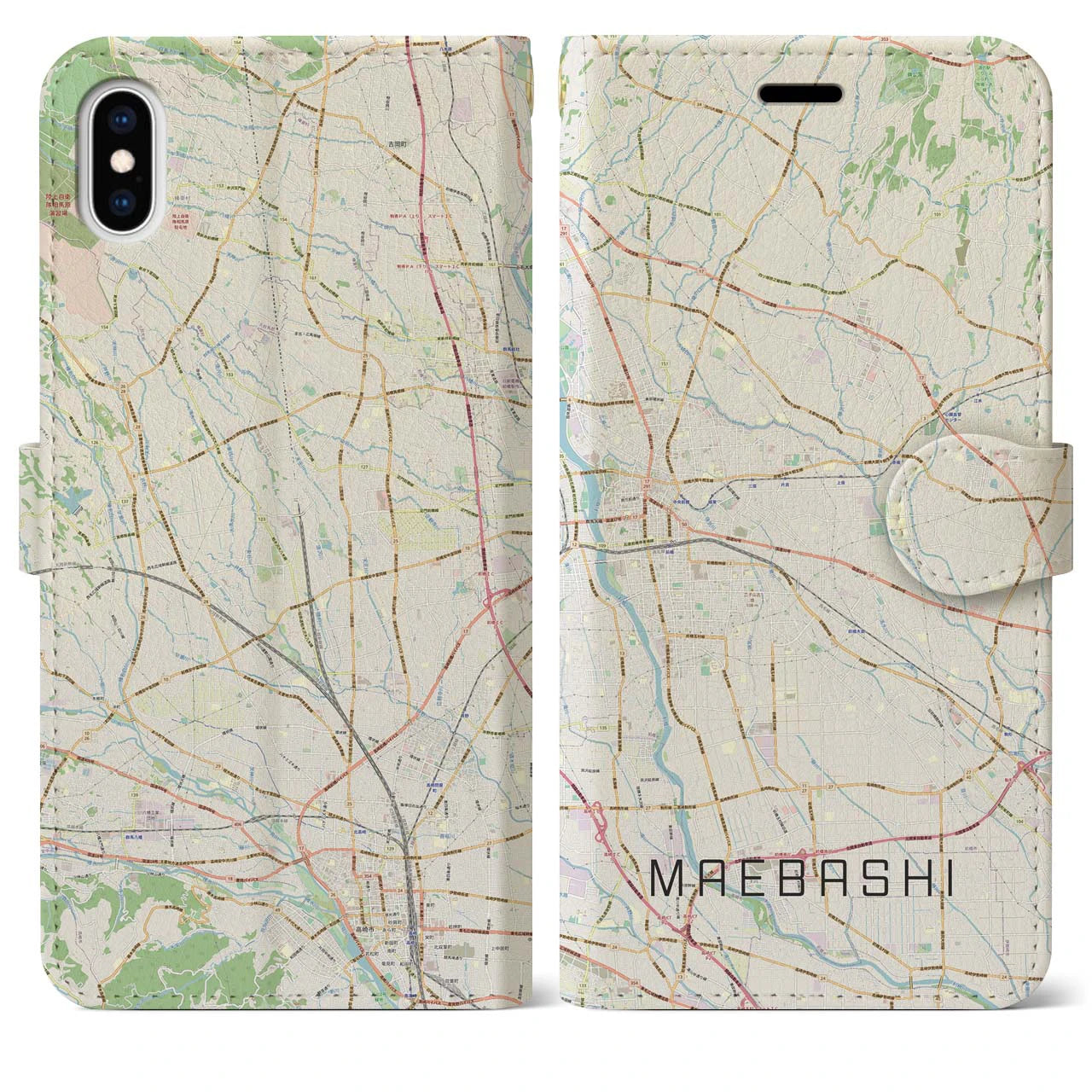 【前橋(群馬県)】地図柄iPhoneケース(手帳タイプ)ナチュラル・iPhone XS Max 用