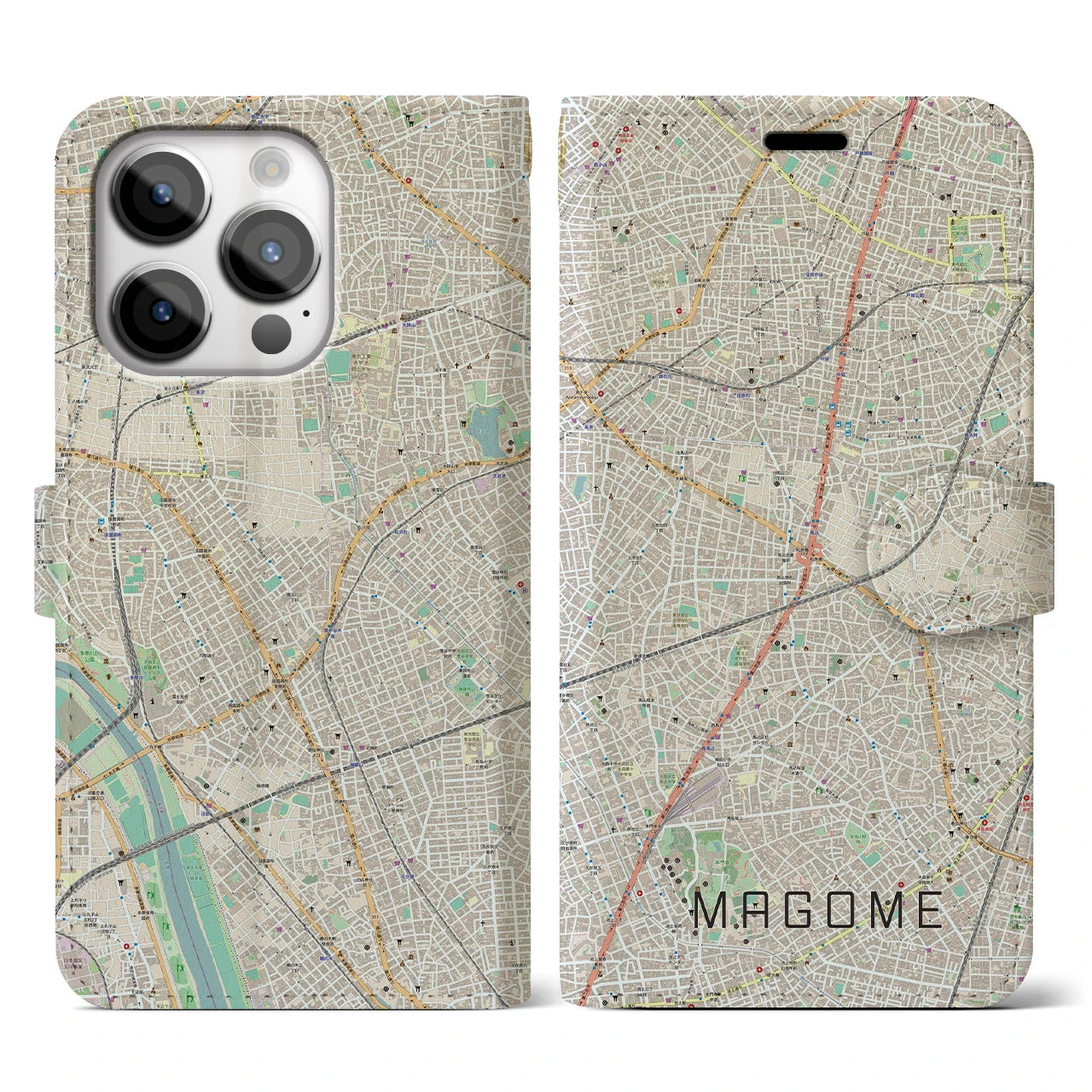 【馬込(東京都)】地図柄iPhoneケース(手帳タイプ)ナチュラル・iPhone 14 Pro 用