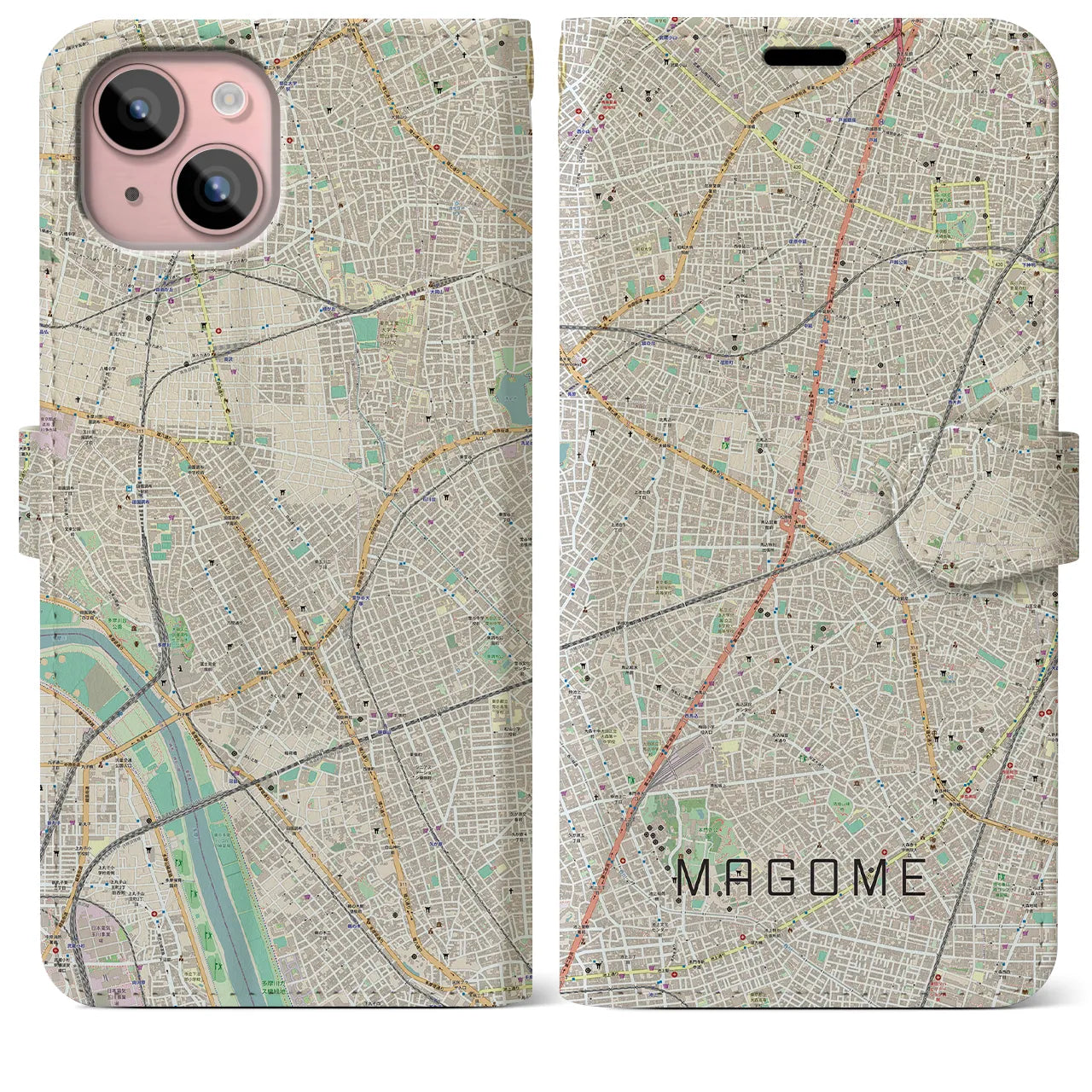 【馬込(東京都)】地図柄iPhoneケース(手帳タイプ)ナチュラル・iPhone 15 Plus 用