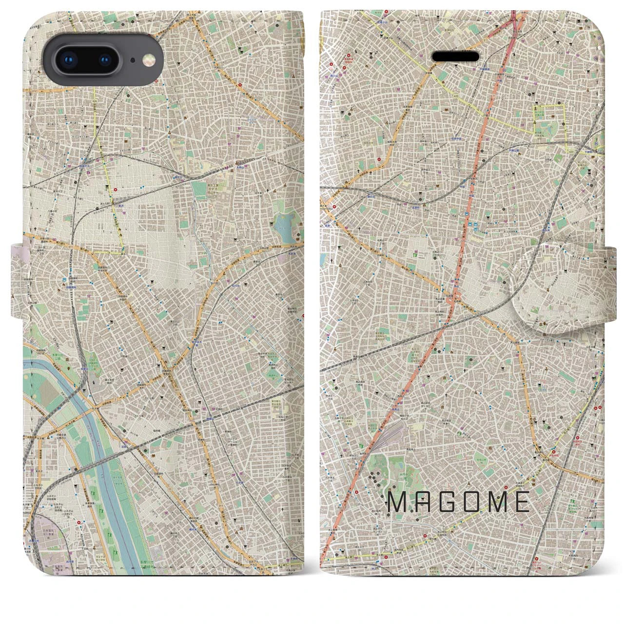 【馬込(東京都)】地図柄iPhoneケース(手帳タイプ)ナチュラル・iPhone 8Plus /7Plus / 6sPlus / 6Plus 用