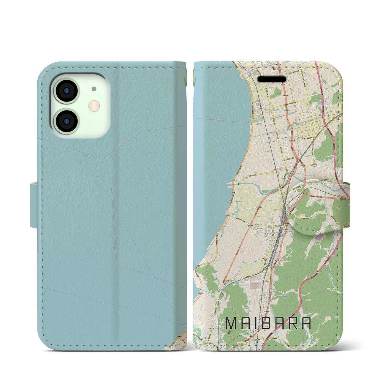 【米原(滋賀県)】地図柄iPhoneケース(手帳タイプ)ナチュラル・iPhone 12 mini 用