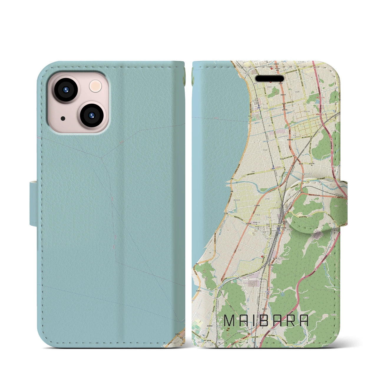 【米原(滋賀県)】地図柄iPhoneケース(手帳タイプ)ナチュラル・iPhone 13 mini 用