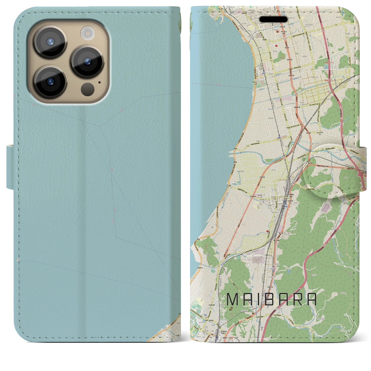 【米原(滋賀県)】地図柄iPhoneケース(手帳タイプ)ナチュラル・iPhone 14 Pro Max 用