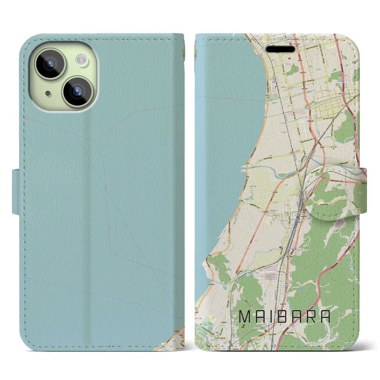 【米原(滋賀県)】地図柄iPhoneケース(手帳タイプ)ナチュラル・iPhone 15 用