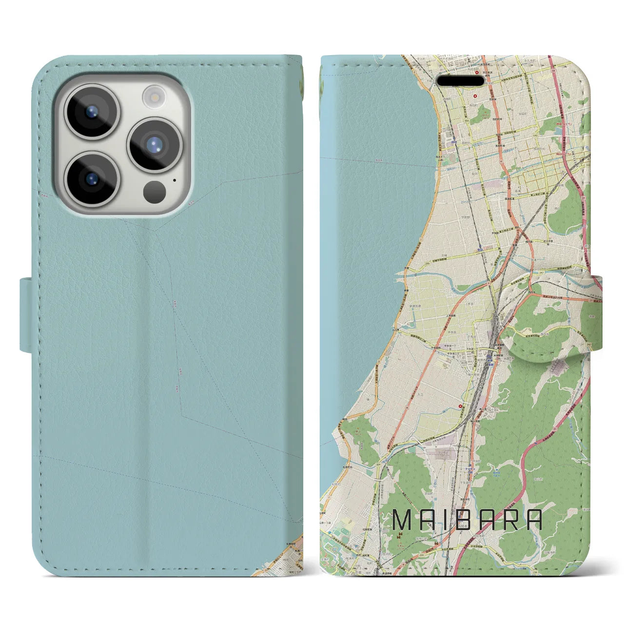 【米原(滋賀県)】地図柄iPhoneケース(手帳タイプ)ナチュラル・iPhone 15 Pro 用